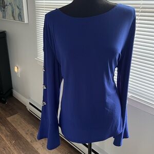 Alfani Cobalt Blue knit Blouse with Crystal Embellishment bell Sleeves